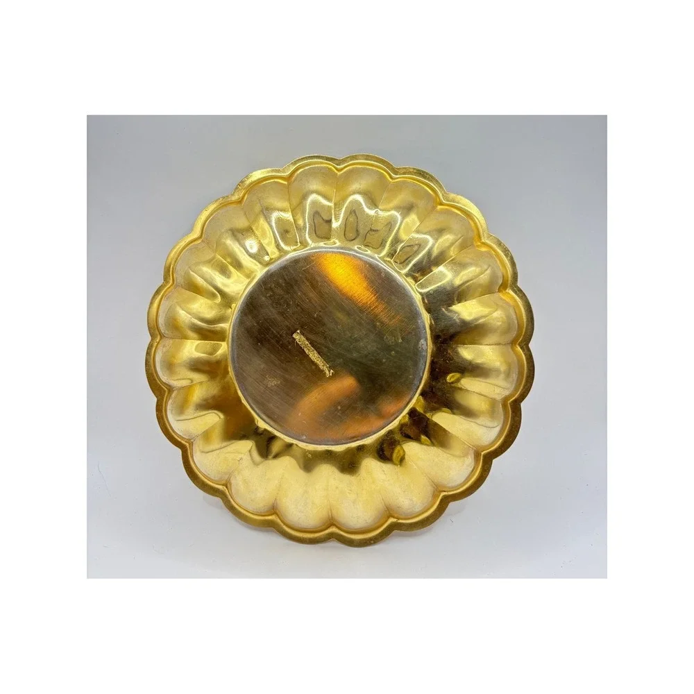 Vintage Brass Scalloped Dish Gold Fluted Trinket Bowl Sunburst Center 5.5 Inch